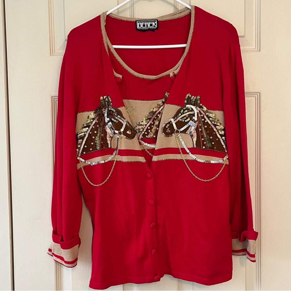 Vintage Berek Red & Tan Horse Cardigan Sweater Set. Sequin & Beaded Equestrian.